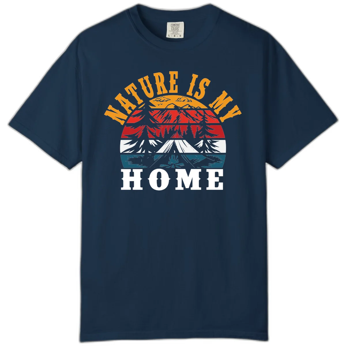 Nature Is Home mountain camping graphic with layered landscape, campfire, forest, and golden sun rays text design in True Navy
