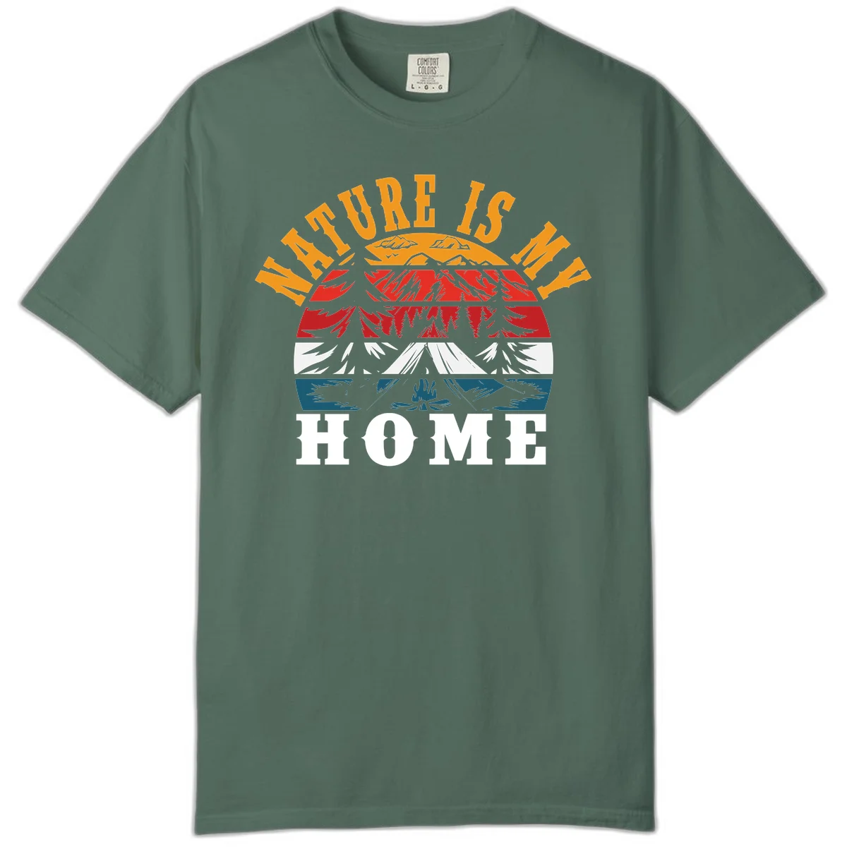 Nature Is Home mountain camping graphic with layered landscape, campfire, forest, and golden sun rays text design in Blue Spruce