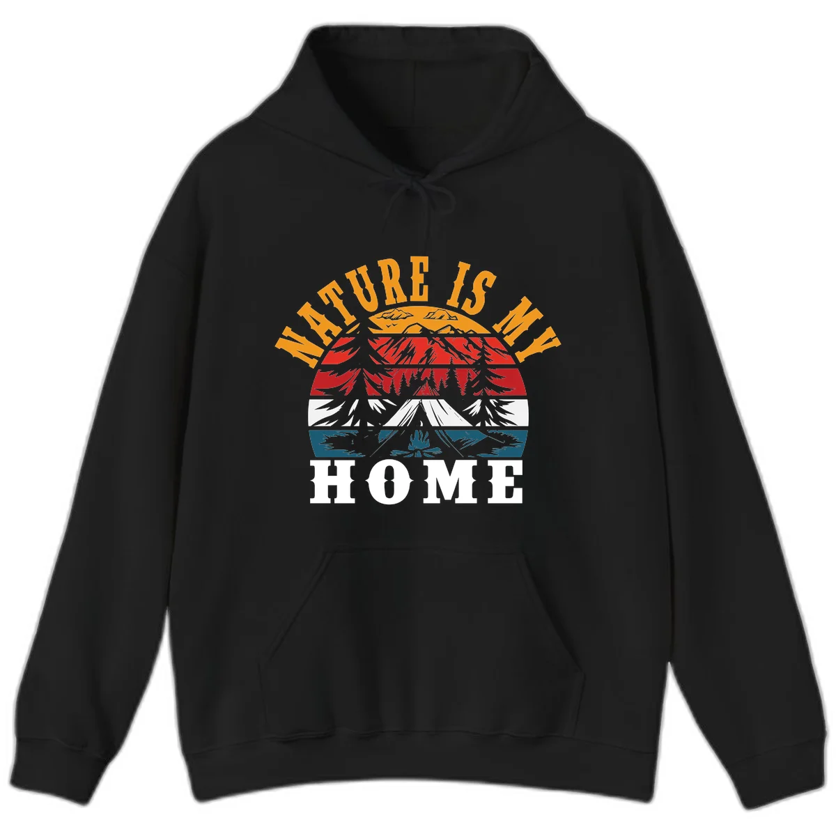 Nature Is Home mountain camping graphic with layered landscape, campfire, forest, and golden sun rays text design in Black
