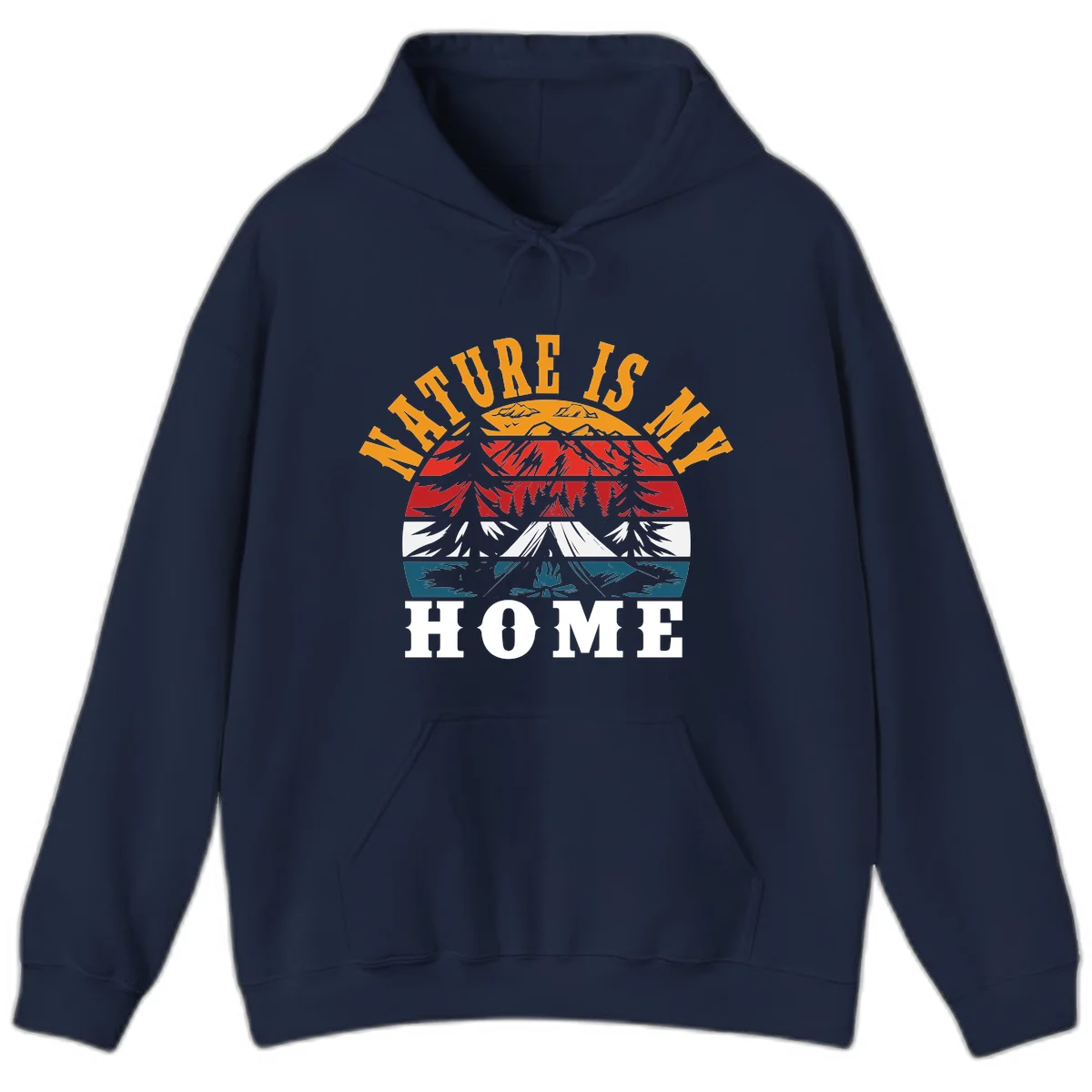 Nature Is Home mountain camping graphic with layered landscape, campfire, forest, and golden sun rays text design in Navy