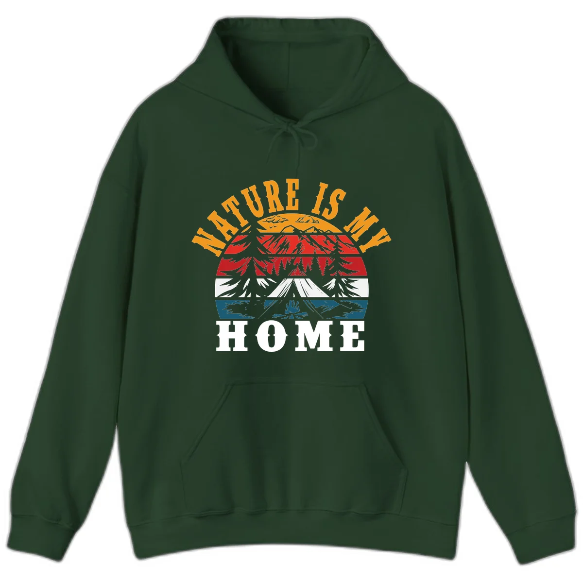 Nature Is Home mountain camping graphic with layered landscape, campfire, forest, and golden sun rays text design in Forest Green
