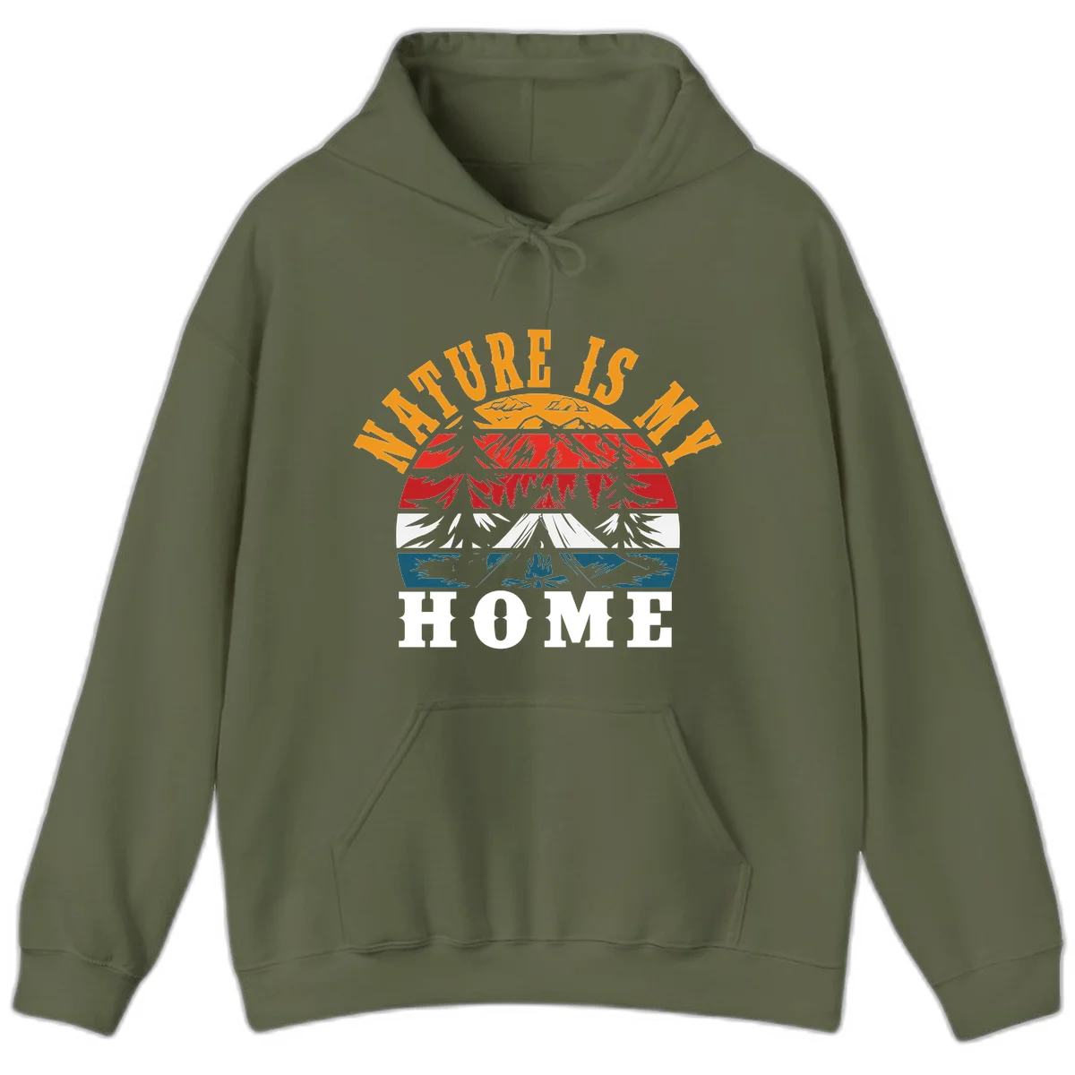Nature Is Home mountain camping graphic with layered landscape, campfire, forest, and golden sun rays text design in Military Green
