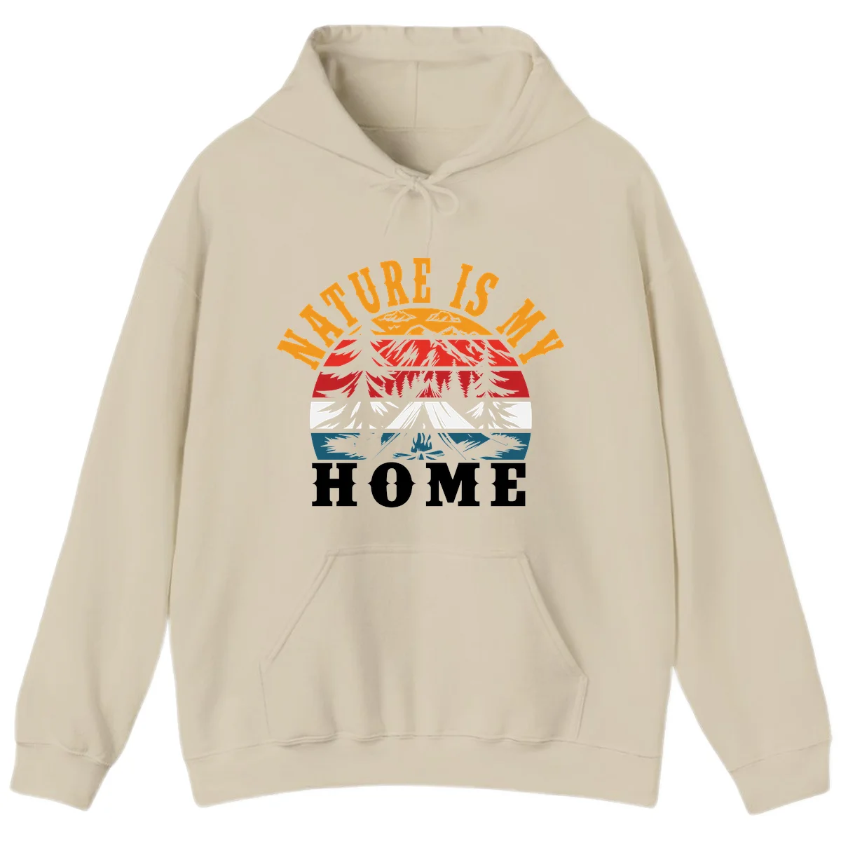 Nature Is Home mountain camping graphic with layered landscape, campfire, forest, and golden sun rays text design in Sand