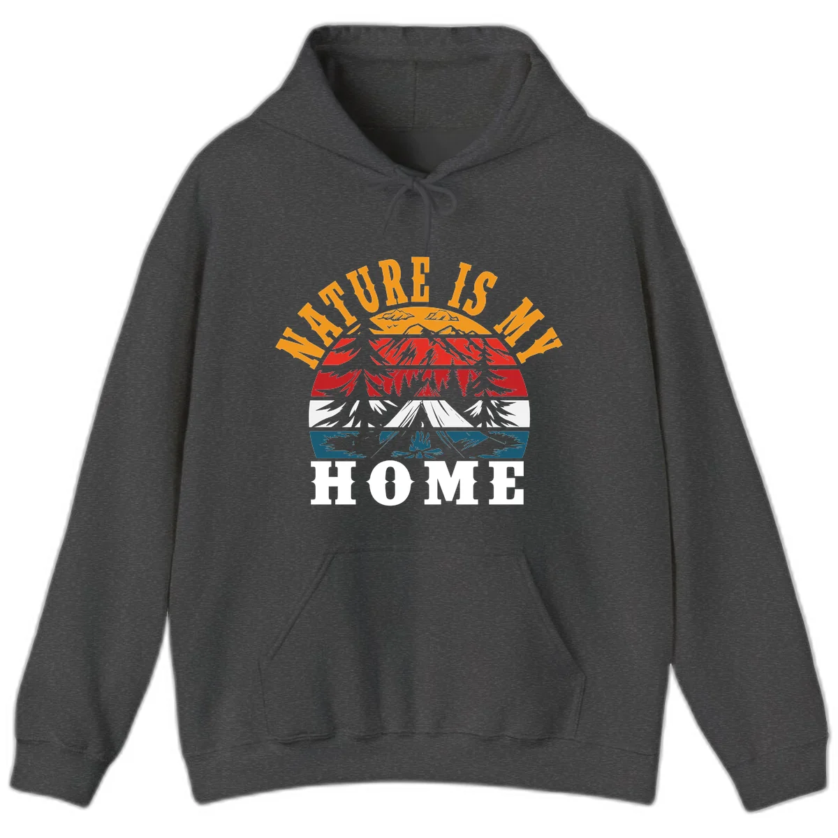 Nature Is Home mountain camping graphic with layered landscape, campfire, forest, and golden sun rays text design in Dark Heather