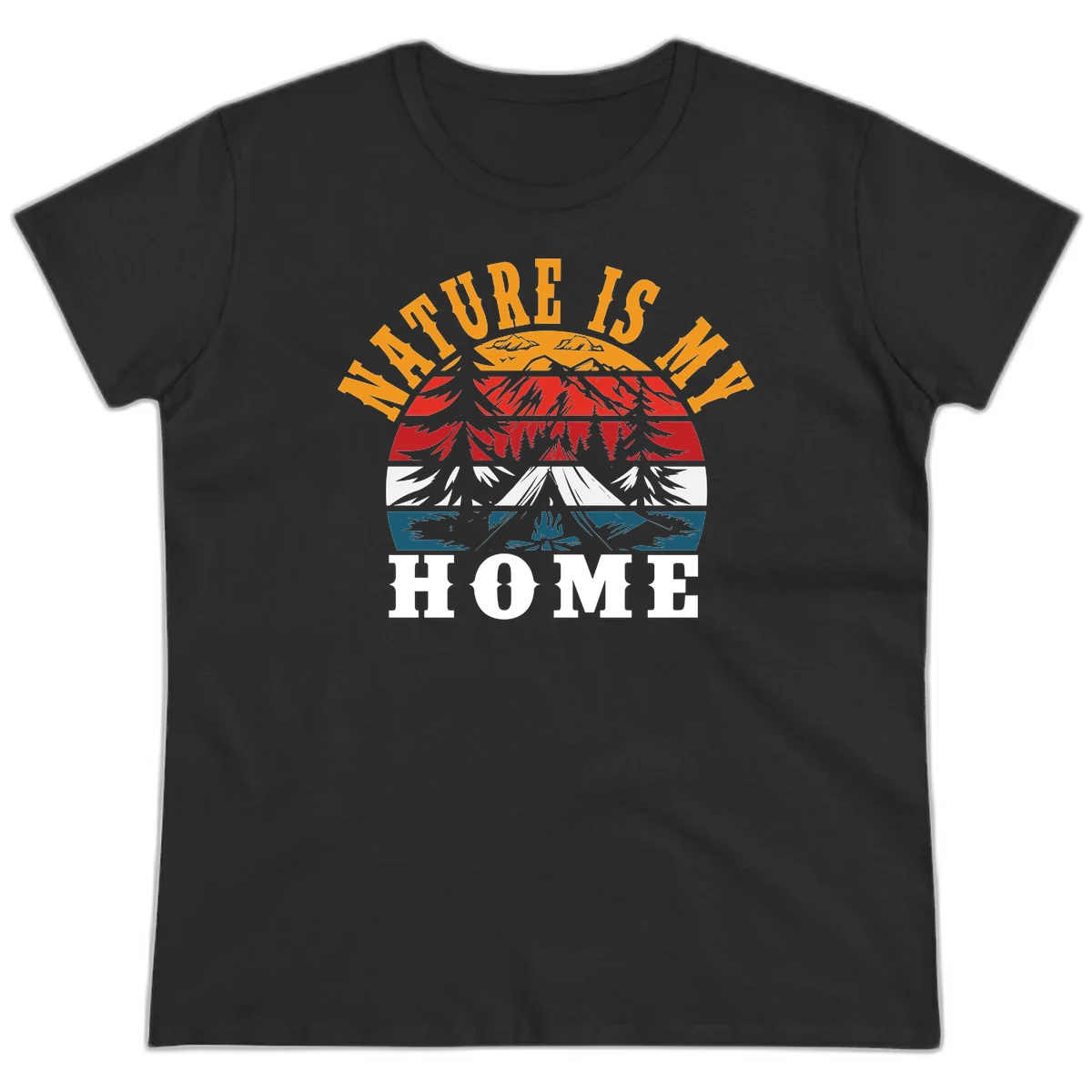 Nature Is Home mountain camping graphic with layered landscape, campfire, forest, and golden sun rays text design in Black