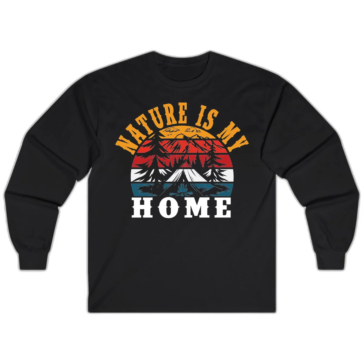 Nature Is Home mountain camping graphic with layered landscape, campfire, forest, and golden sun rays text design in Black
