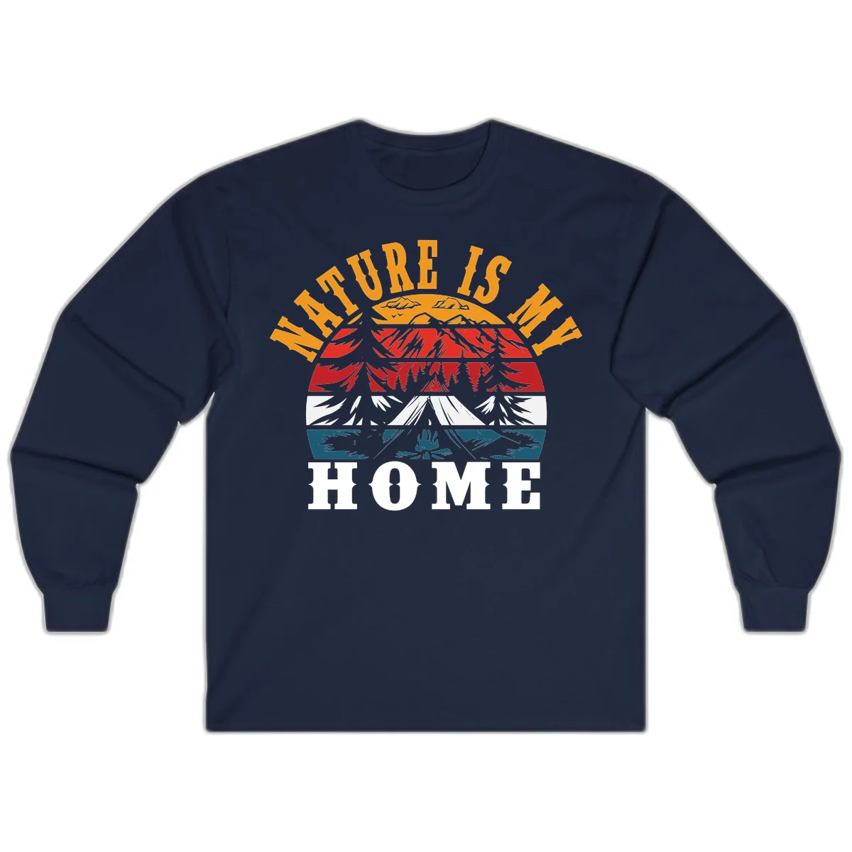 Nature Is Home mountain camping graphic with layered landscape, campfire, forest, and golden sun rays text design in Navy