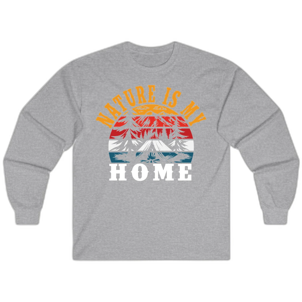 Nature Is Home mountain camping graphic with layered landscape, campfire, forest, and golden sun rays text design in Sport Grey