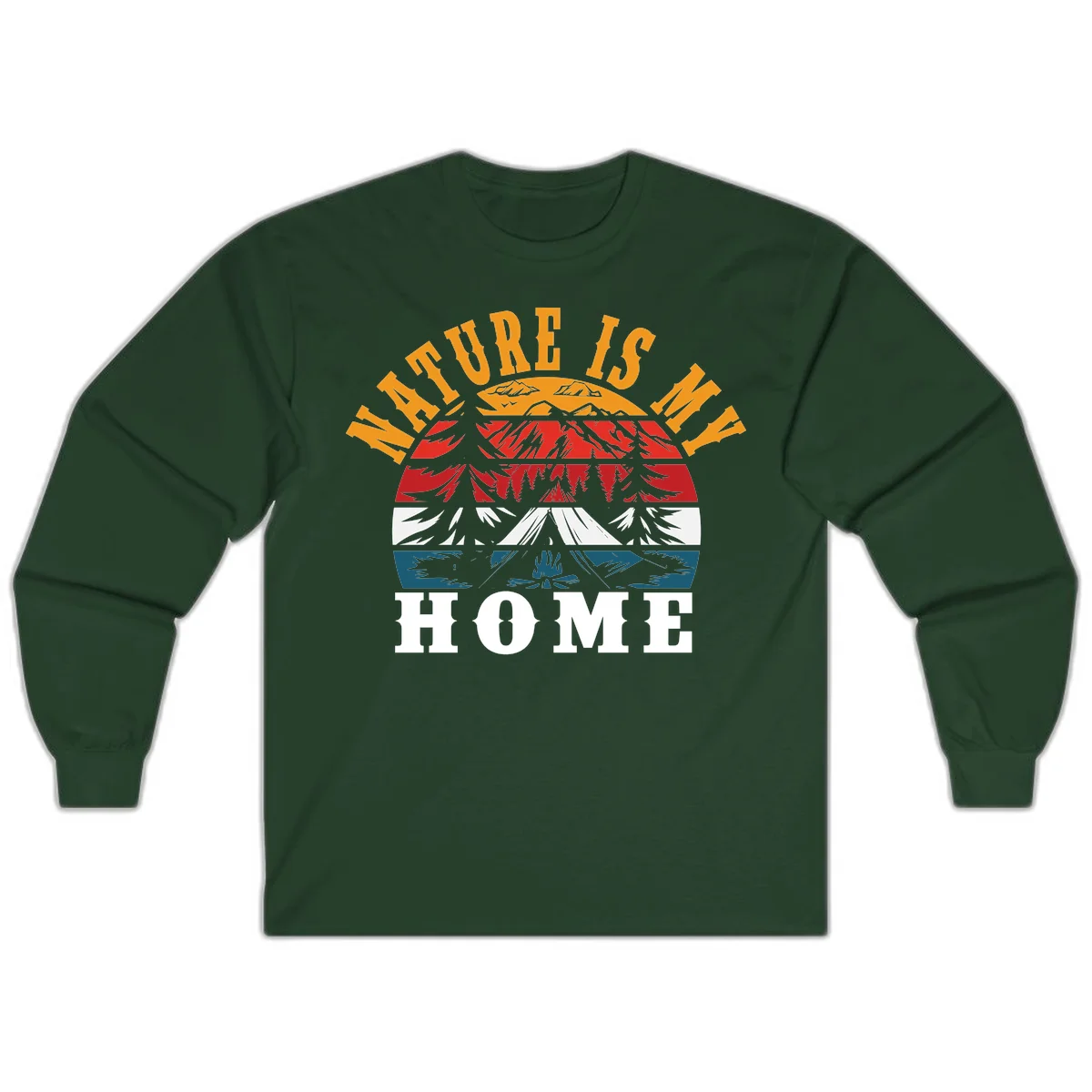 Nature Is Home mountain camping graphic with layered landscape, campfire, forest, and golden sun rays text design in Forest Green