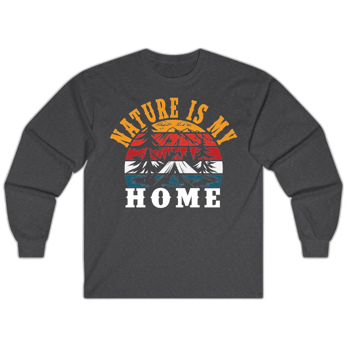 Nature Is Home mountain camping graphic with layered landscape, campfire, forest, and golden sun rays text design in Dark Heather