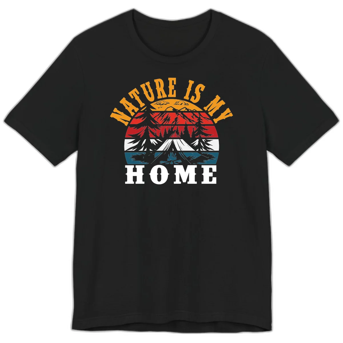 Nature Is Home mountain camping graphic with layered landscape, campfire, forest, and golden sun rays text design in Black
