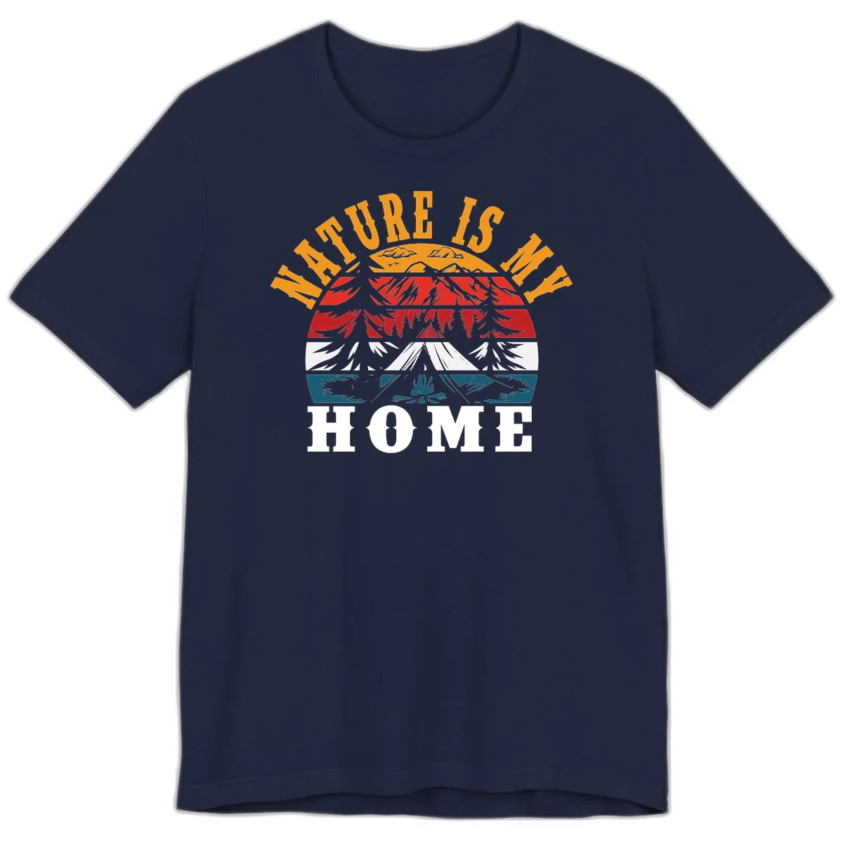 Nature Is Home mountain camping graphic with layered landscape, campfire, forest, and golden sun rays text design in Navy
