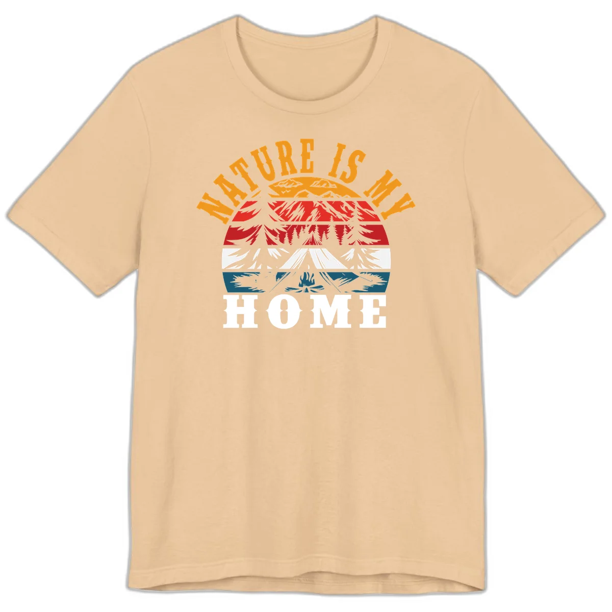 Nature Is Home mountain camping graphic with layered landscape, campfire, forest, and golden sun rays text design in Sand Dune