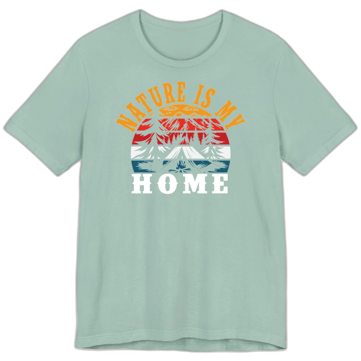 Nature Is Home mountain camping graphic with layered landscape, campfire, forest, and golden sun rays text design in Dusty Blue