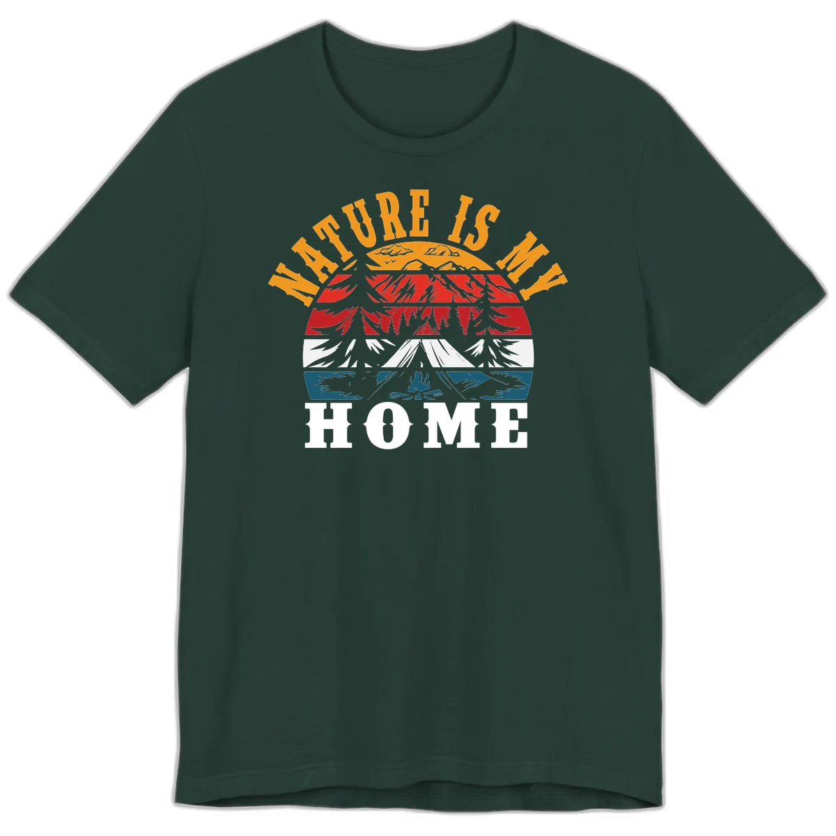 Nature Is Home mountain camping graphic with layered landscape, campfire, forest, and golden sun rays text design in Forest