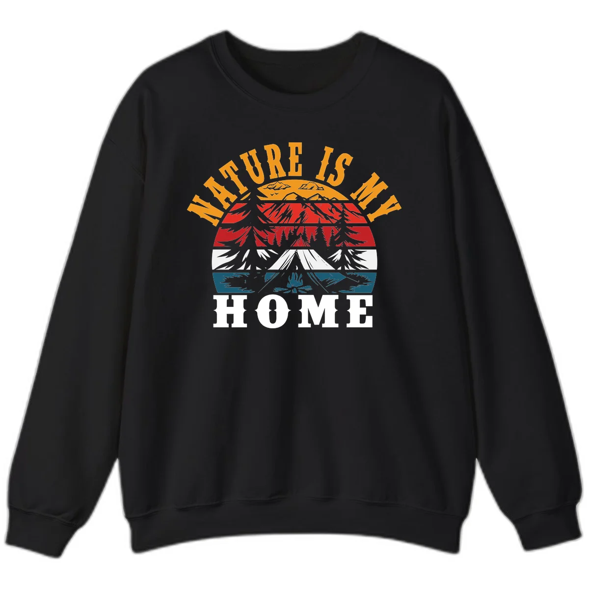 Nature Is Home mountain camping graphic with layered landscape, campfire, forest, and golden sun rays text design in Black