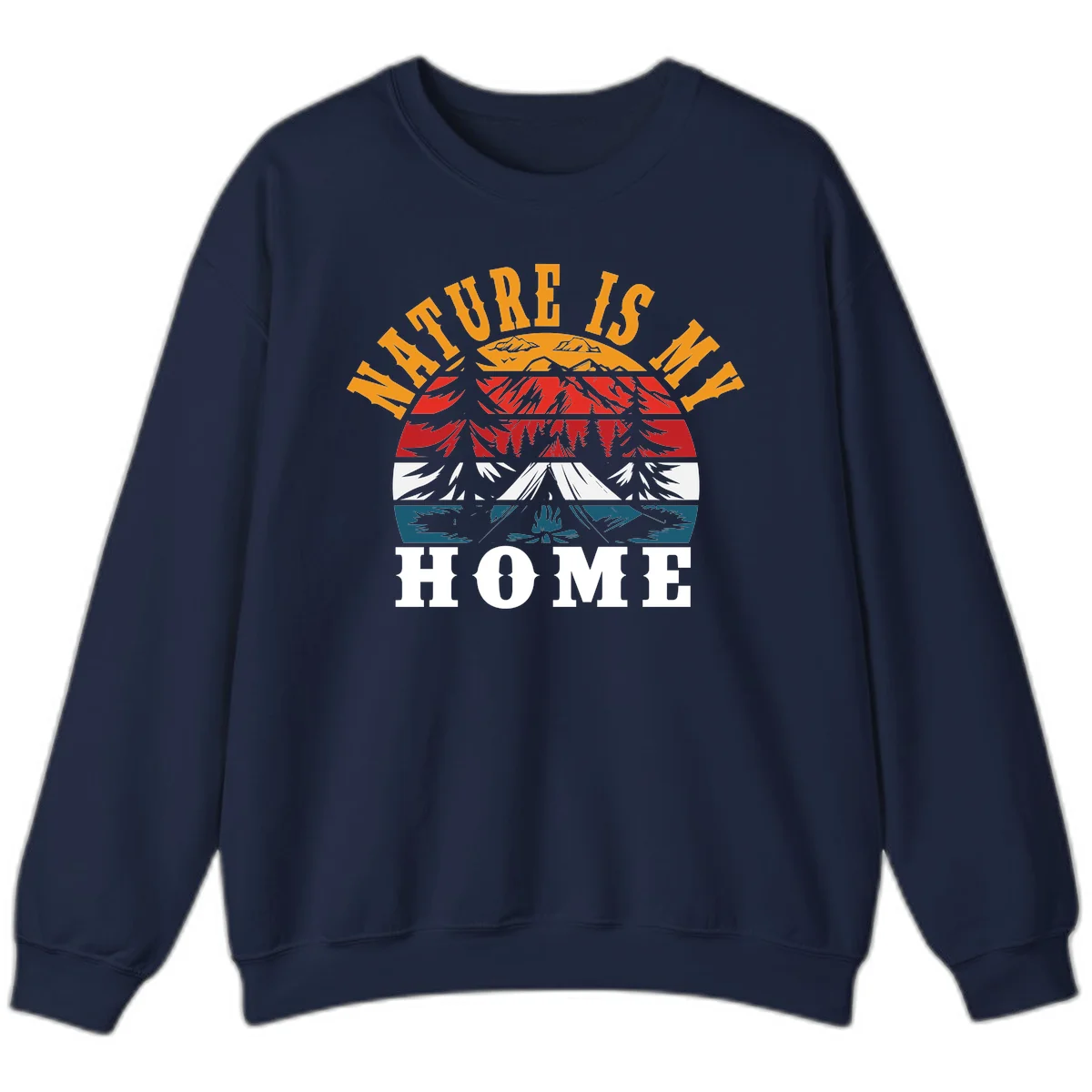 Nature Is Home mountain camping graphic with layered landscape, campfire, forest, and golden sun rays text design in Navy