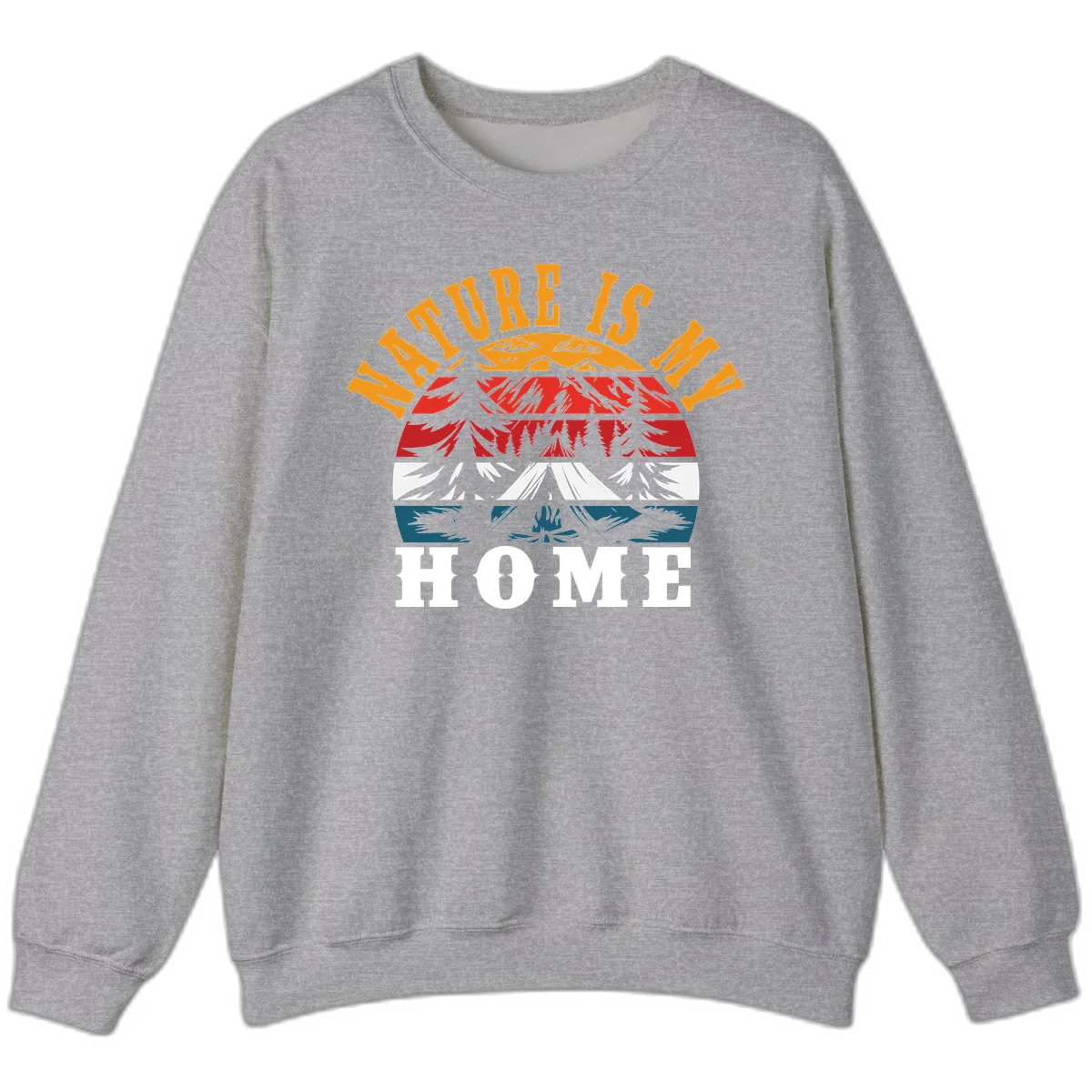 Nature Is Home mountain camping graphic with layered landscape, campfire, forest, and golden sun rays text design in Sport Grey