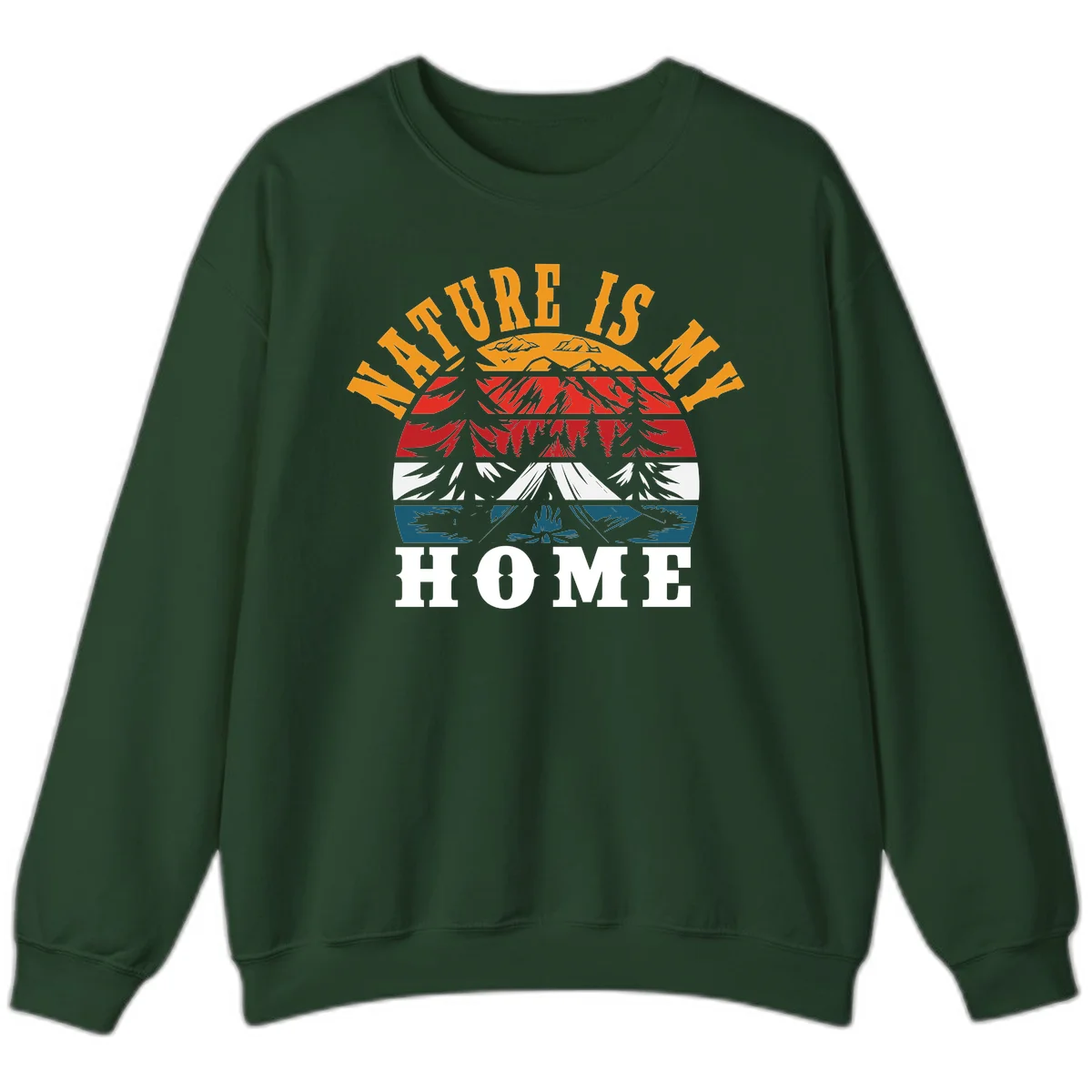 Nature Is Home mountain camping graphic with layered landscape, campfire, forest, and golden sun rays text design in Forest Green