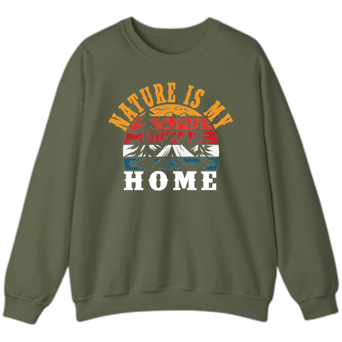 Nature Is Home mountain camping graphic with layered landscape, campfire, forest, and golden sun rays text design in Military Green