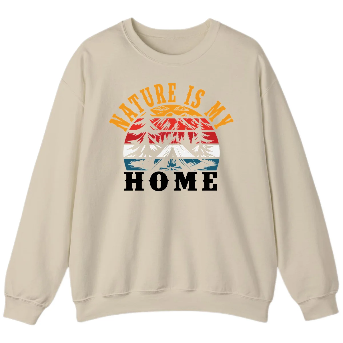 Nature Is Home mountain camping graphic with layered landscape, campfire, forest, and golden sun rays text design in Sand