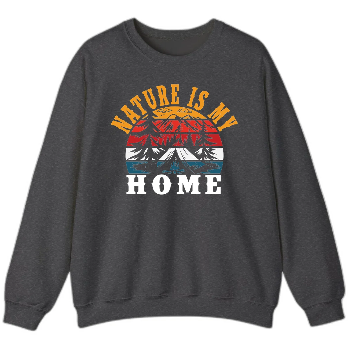 Nature Is Home mountain camping graphic with layered landscape, campfire, forest, and golden sun rays text design in Dark Heather