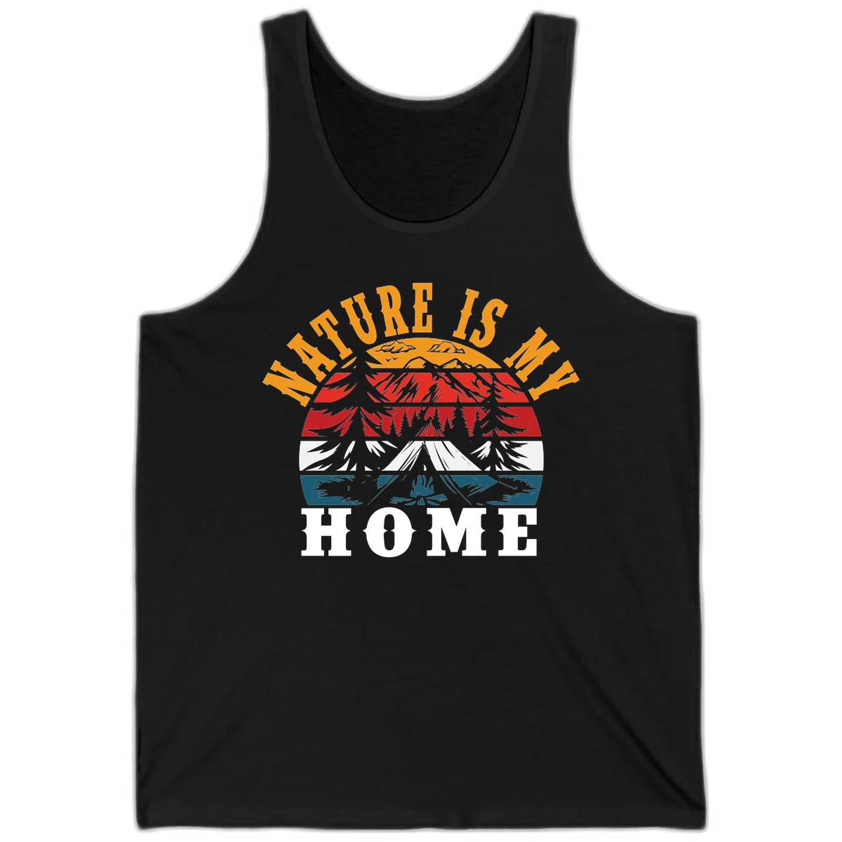 Nature Is Home mountain camping graphic with layered landscape, campfire, forest, and golden sun rays text design in Black