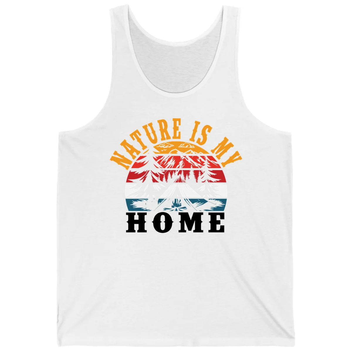 Nature Is Home mountain camping graphic with layered landscape, campfire, forest, and golden sun rays text design in White