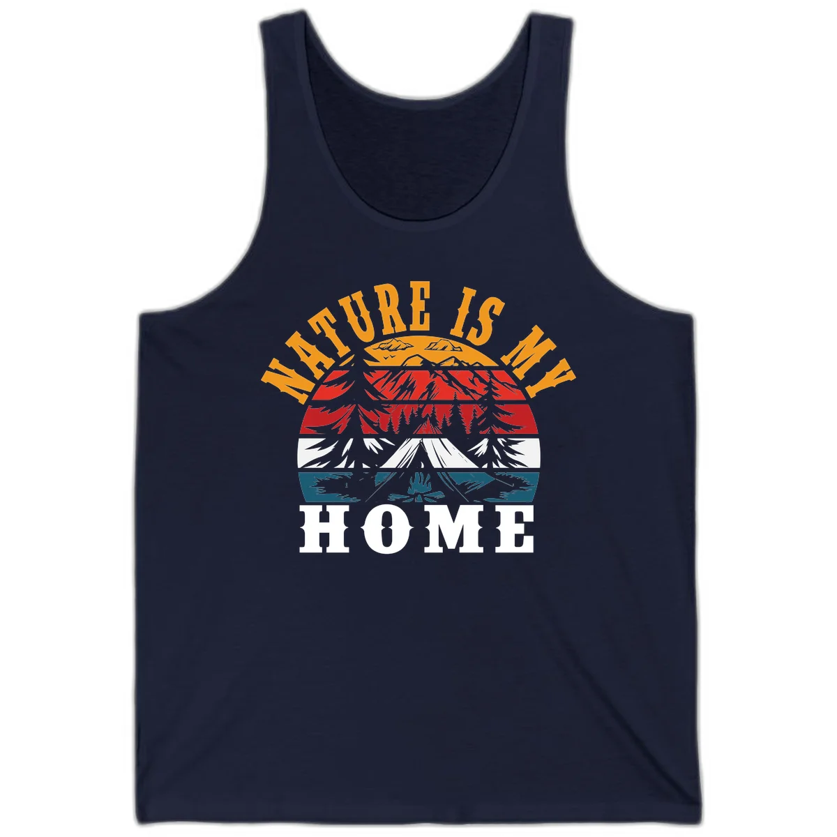 Nature Is Home mountain camping graphic with layered landscape, campfire, forest, and golden sun rays text design in Navy