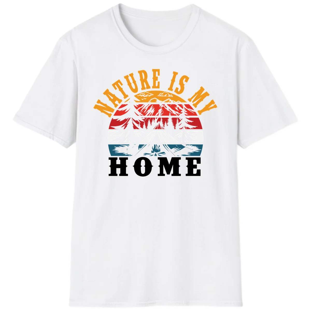 Nature Is Home mountain camping graphic with layered landscape, campfire, forest, and golden sun rays text design in White