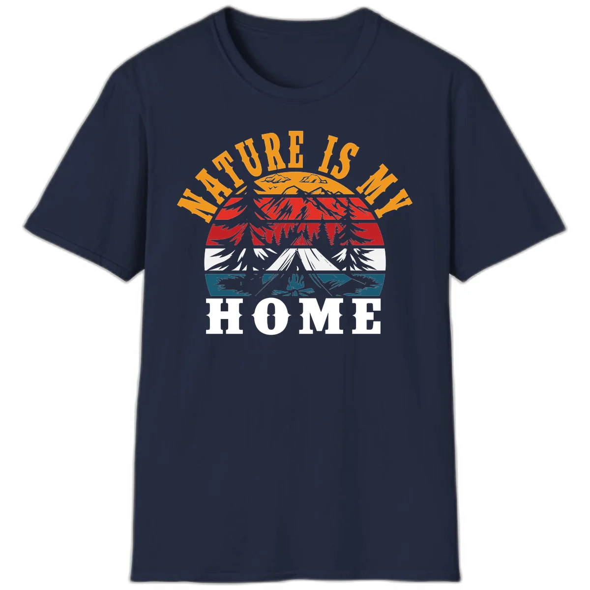 Nature Is Home mountain camping graphic with layered landscape, campfire, forest, and golden sun rays text design in Navy