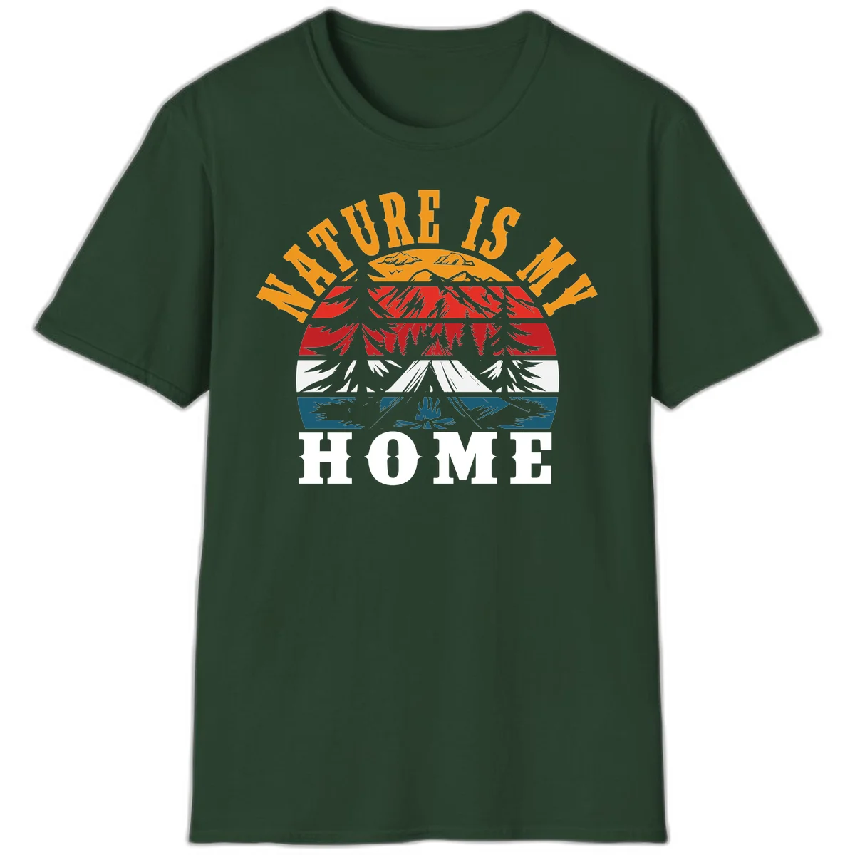 Nature Is Home mountain camping graphic with layered landscape, campfire, forest, and golden sun rays text design in Forest Green