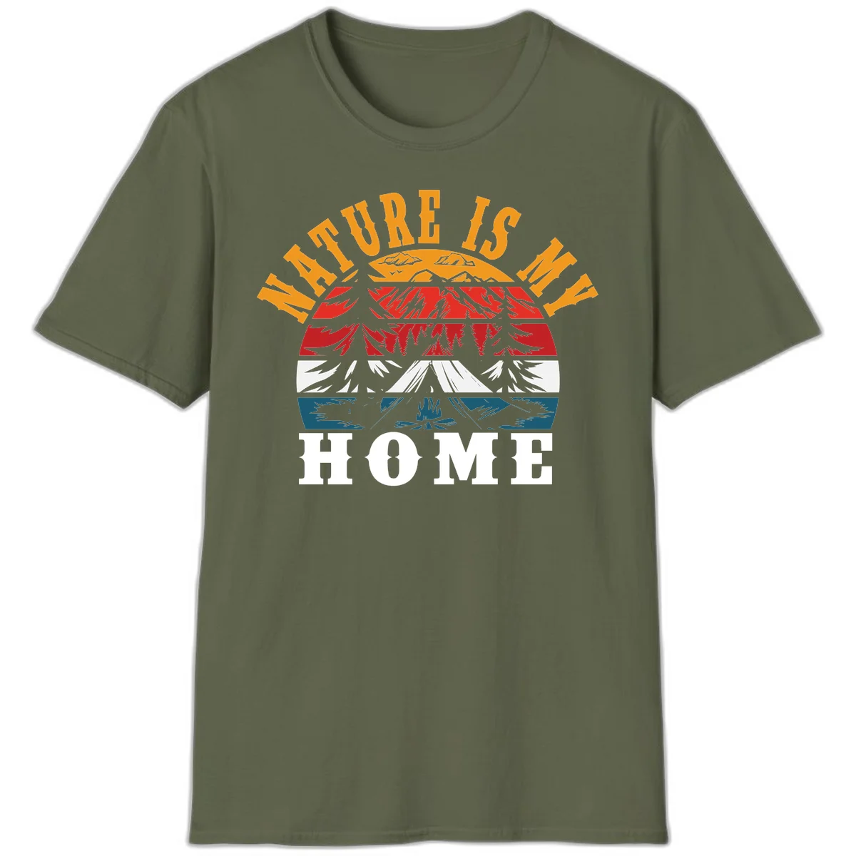 Nature Is Home mountain camping graphic with layered landscape, campfire, forest, and golden sun rays text design in Military Green