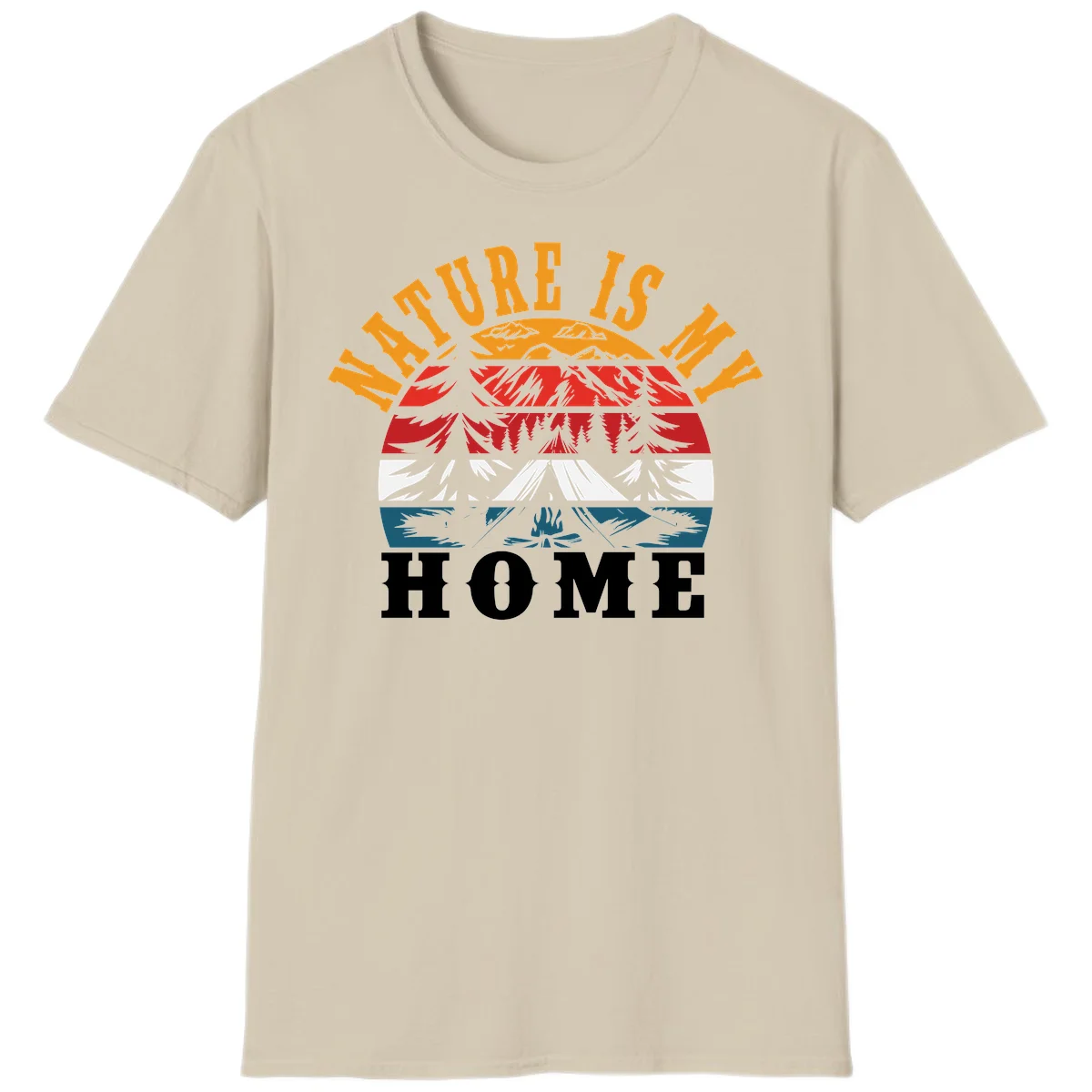 Nature Is Home mountain camping graphic with layered landscape, campfire, forest, and golden sun rays text design in Sand