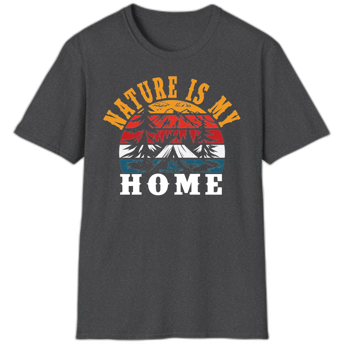 Nature Is Home mountain camping graphic with layered landscape, campfire, forest, and golden sun rays text design in Dark Heather