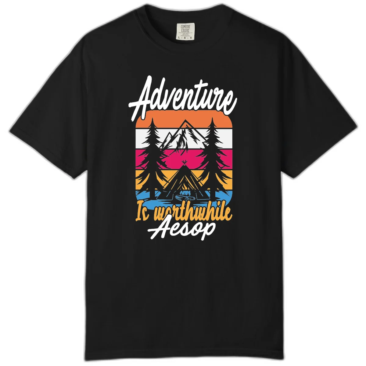 Retro layered mountain landscape with evergreen trees and 'Adventure Is Worthwhile Aesop' text in vintage style in Black