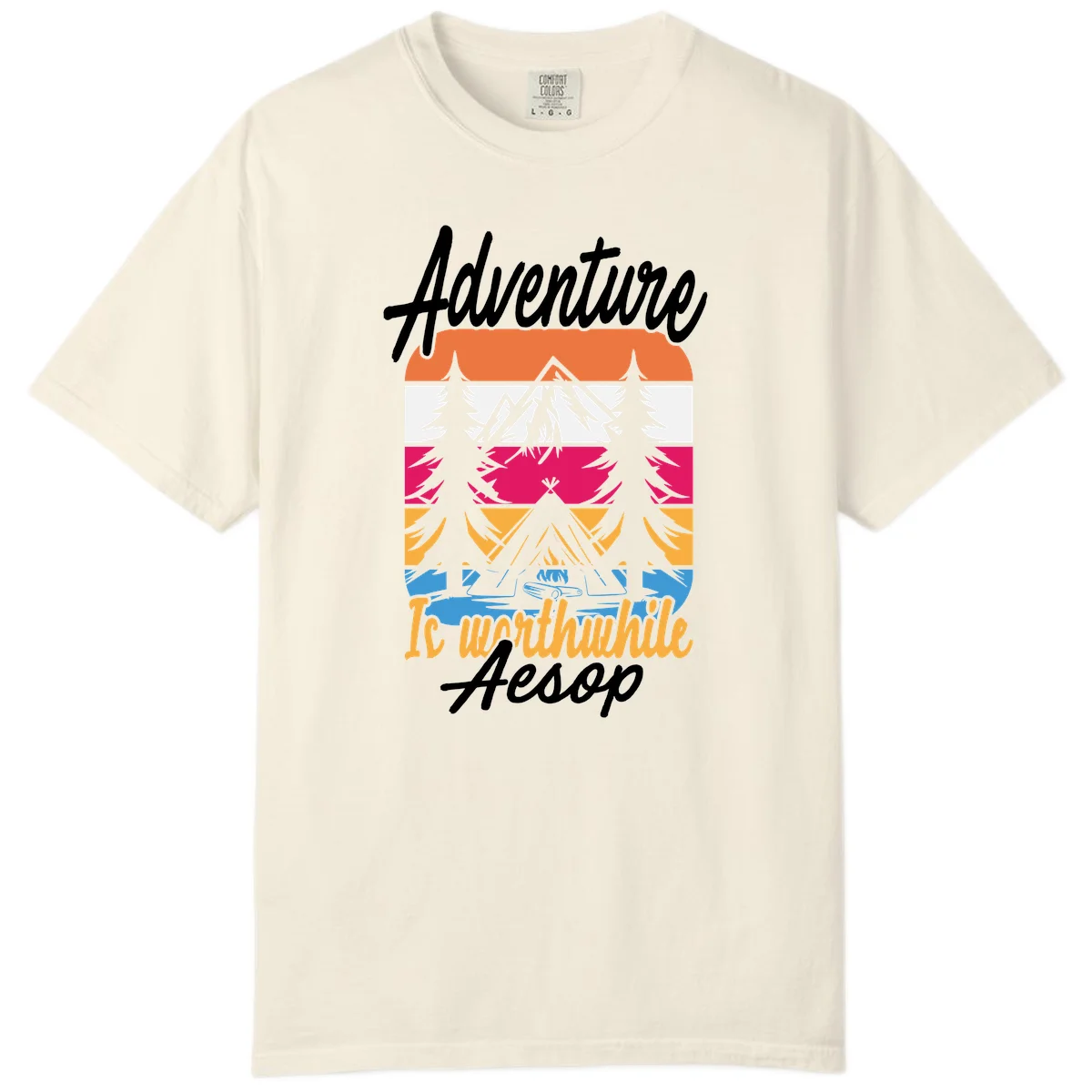 Retro layered mountain landscape with evergreen trees and 'Adventure Is Worthwhile Aesop' text in vintage style in Ivory
