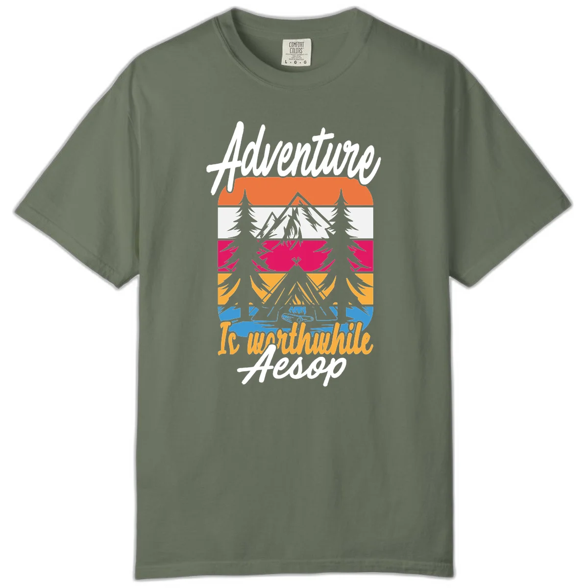 Retro layered mountain landscape with evergreen trees and 'Adventure Is Worthwhile Aesop' text in vintage style in Moss
