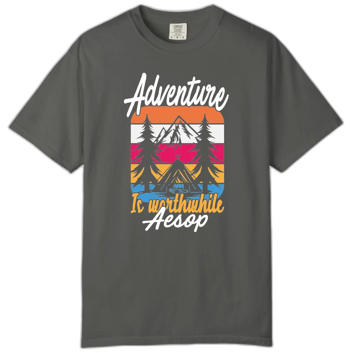 Retro layered mountain landscape with evergreen trees and 'Adventure Is Worthwhile Aesop' text in vintage style in Pepper