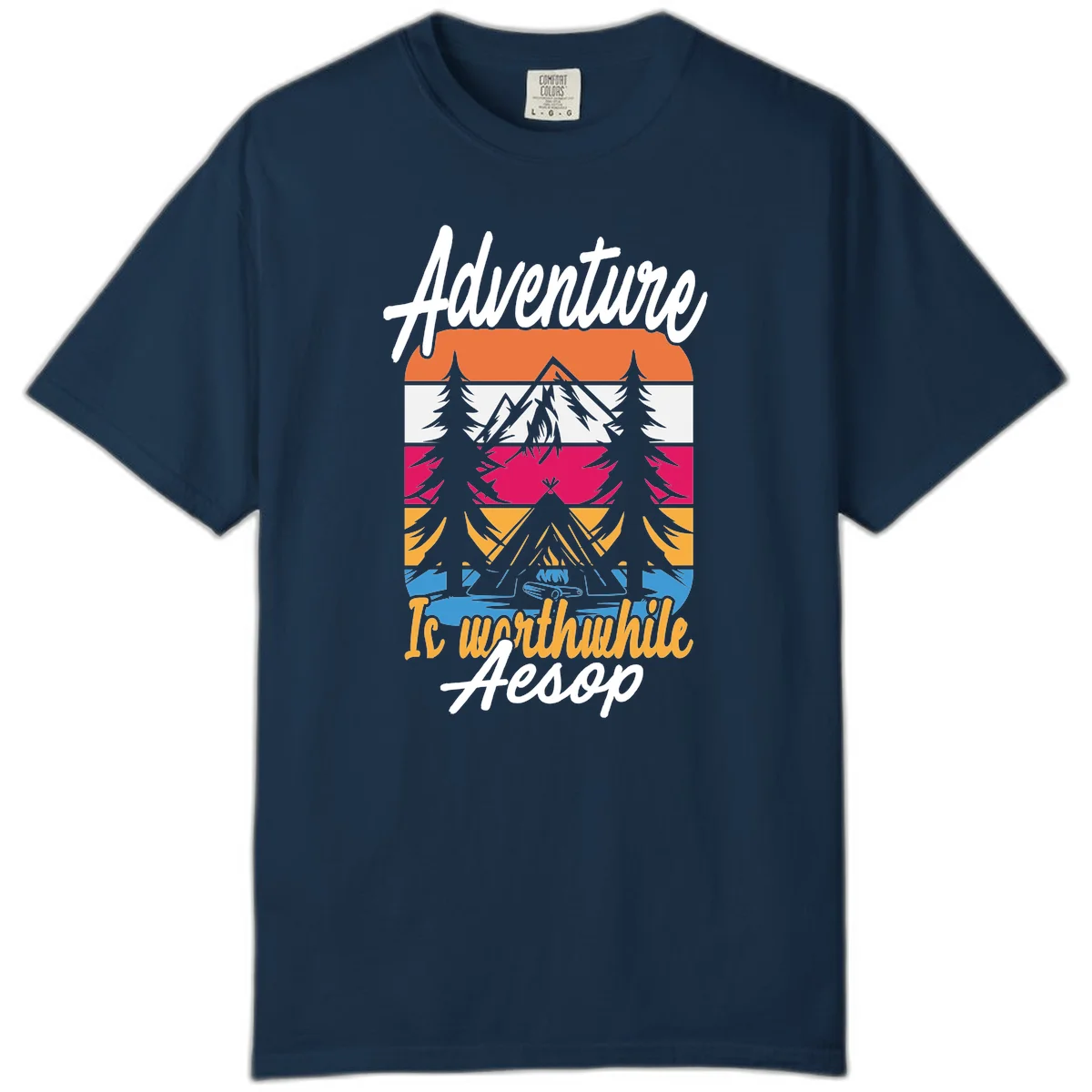 Retro layered mountain landscape with evergreen trees and 'Adventure Is Worthwhile Aesop' text in vintage style in True Navy