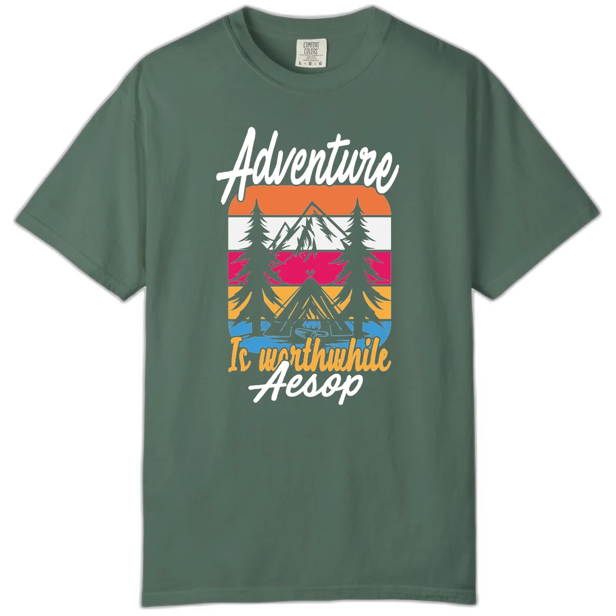 Retro layered mountain landscape with evergreen trees and 'Adventure Is Worthwhile Aesop' text in vintage style in Blue Spruce