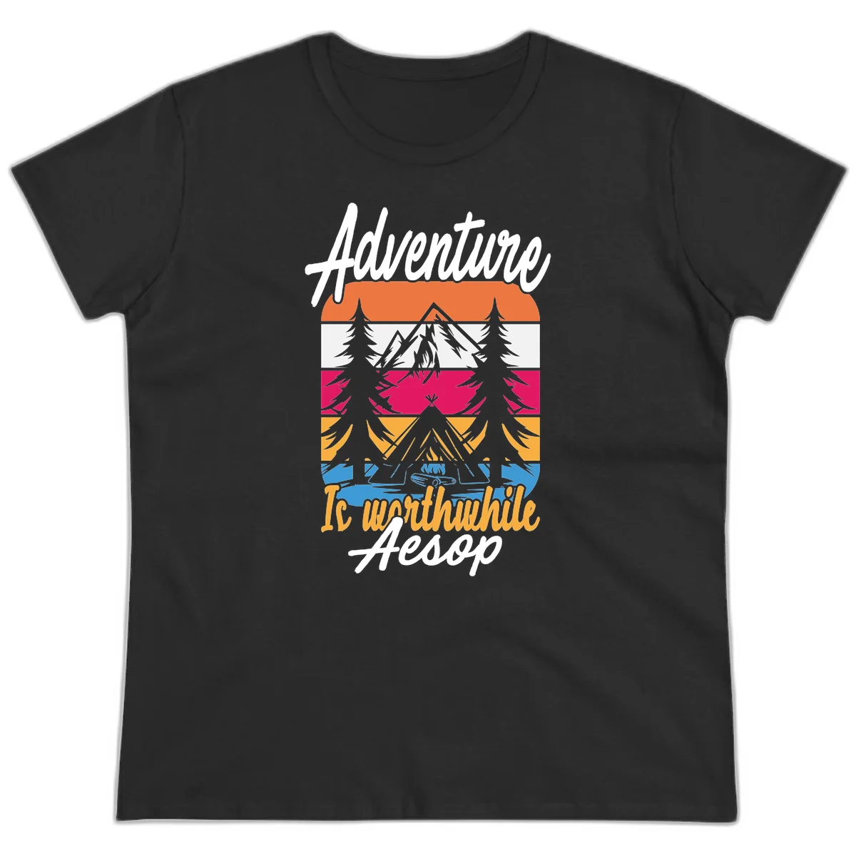 Retro layered mountain landscape with evergreen trees and 'Adventure Is Worthwhile Aesop' text in vintage style in Black