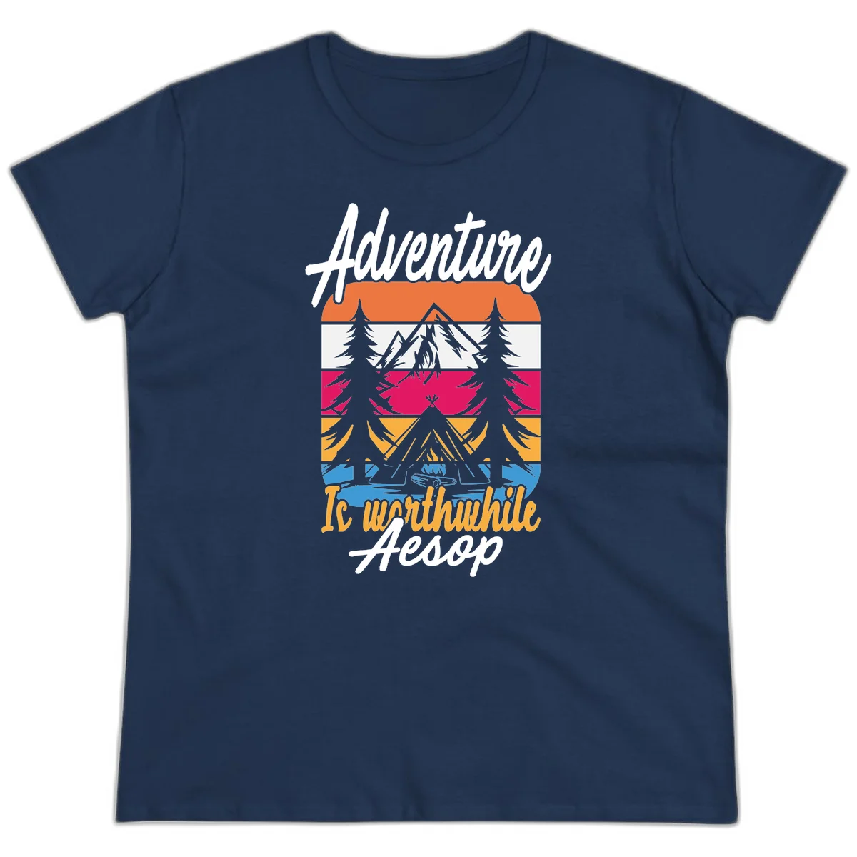 Retro layered mountain landscape with evergreen trees and 'Adventure Is Worthwhile Aesop' text in vintage style in Navy