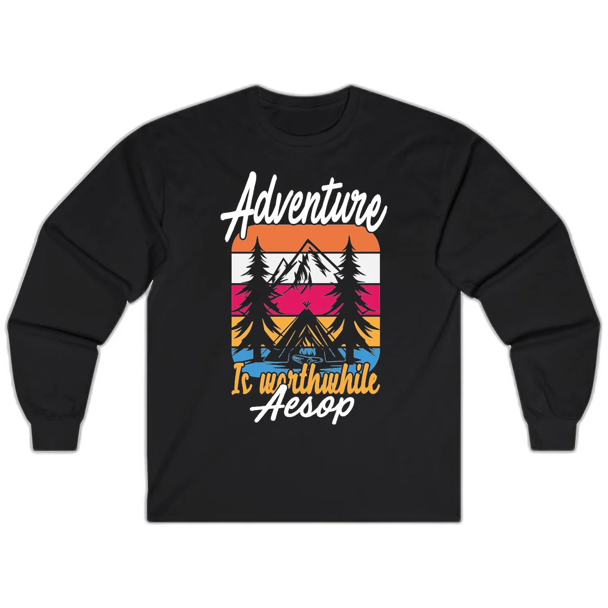 Retro layered mountain landscape with evergreen trees and 'Adventure Is Worthwhile Aesop' text in vintage style in Black