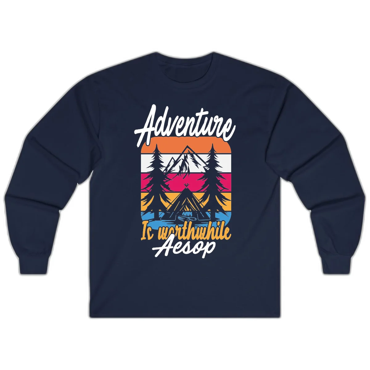 Retro layered mountain landscape with evergreen trees and 'Adventure Is Worthwhile Aesop' text in vintage style in Navy
