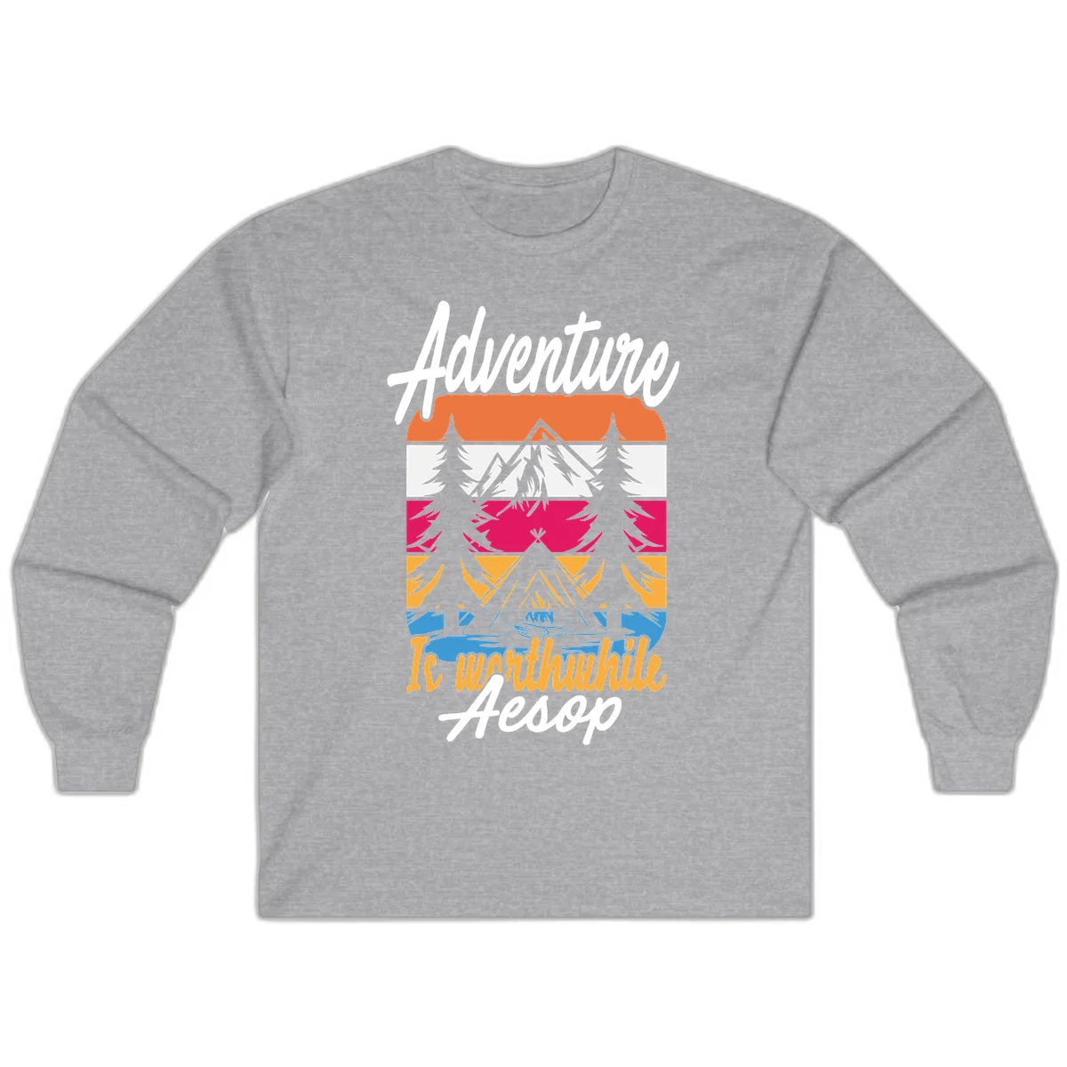Retro layered mountain landscape with evergreen trees and 'Adventure Is Worthwhile Aesop' text in vintage style in Sport Grey