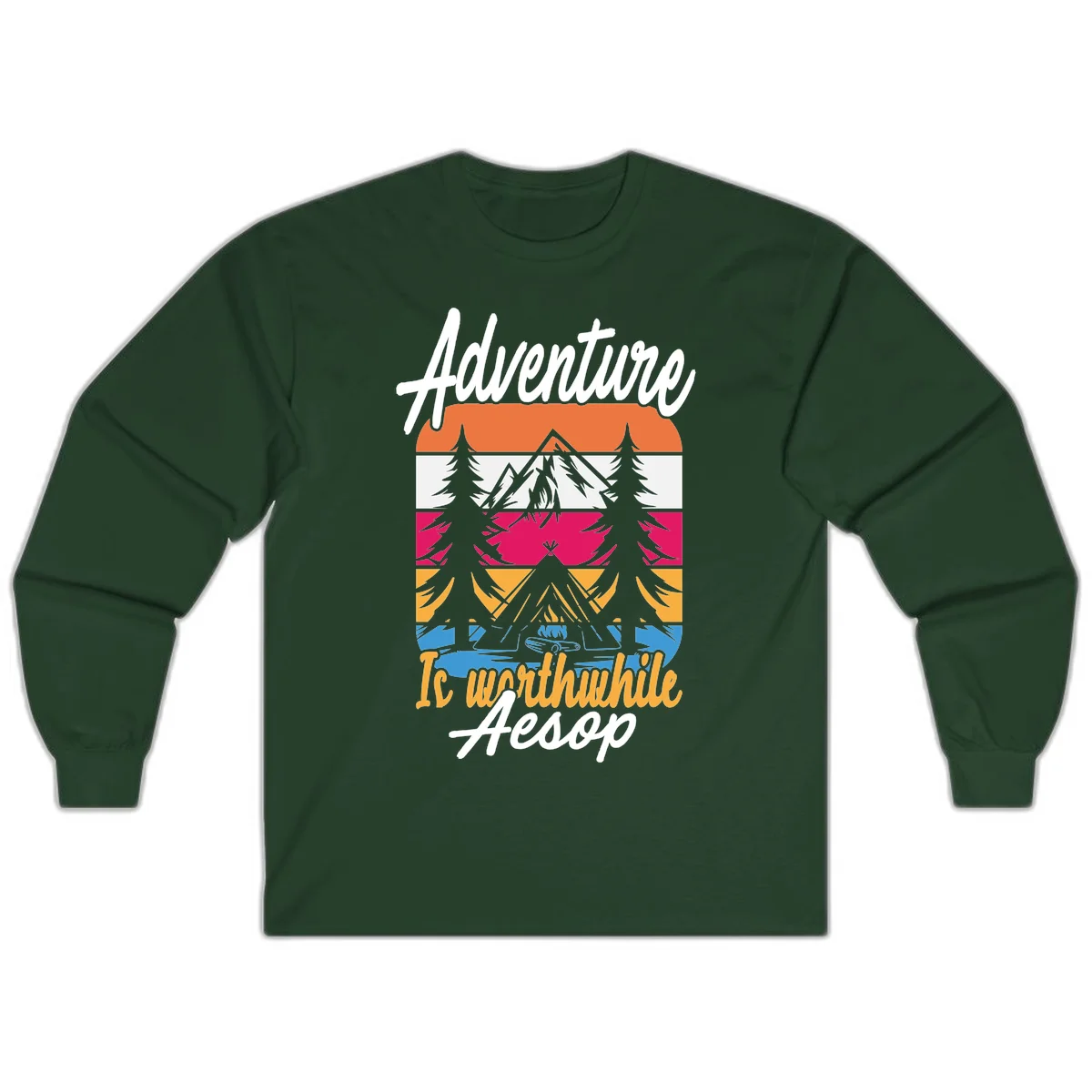 Retro layered mountain landscape with evergreen trees and 'Adventure Is Worthwhile Aesop' text in vintage style in Forest Green