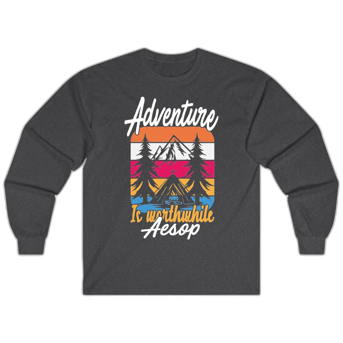 Retro layered mountain landscape with evergreen trees and 'Adventure Is Worthwhile Aesop' text in vintage style in Dark Heather