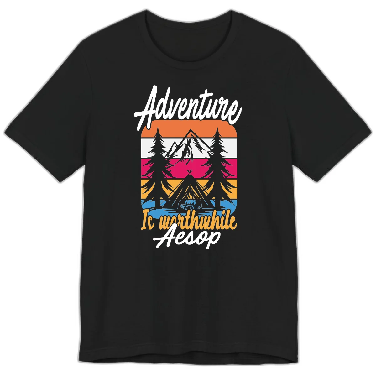 Retro layered mountain landscape with evergreen trees and 'Adventure Is Worthwhile Aesop' text in vintage style in Black