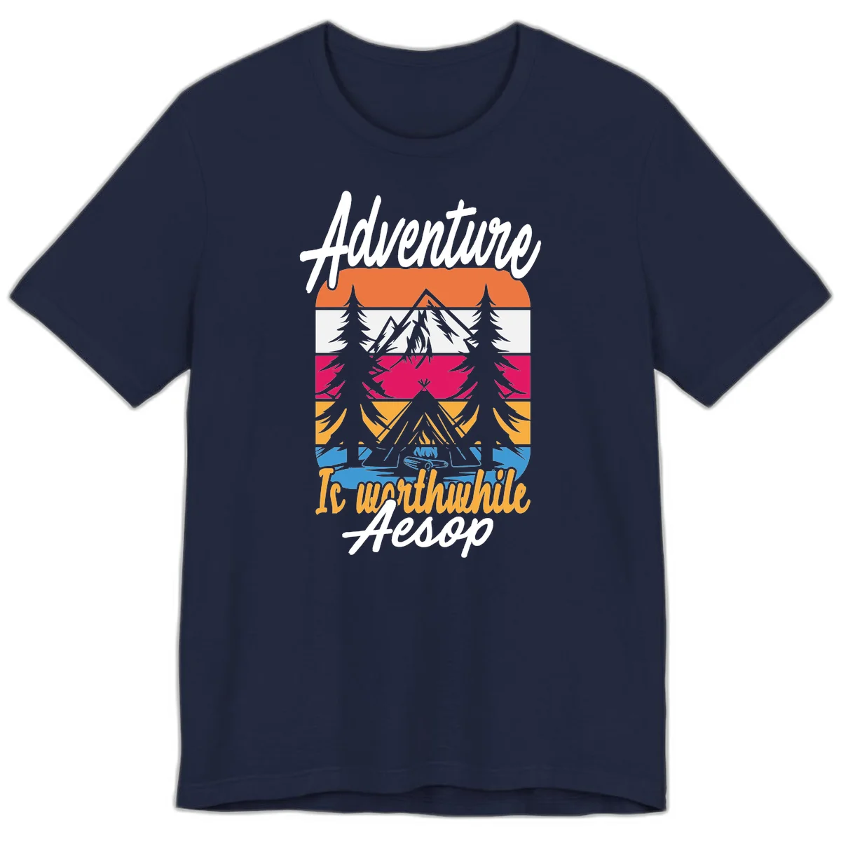 Retro layered mountain landscape with evergreen trees and 'Adventure Is Worthwhile Aesop' text in vintage style in Navy